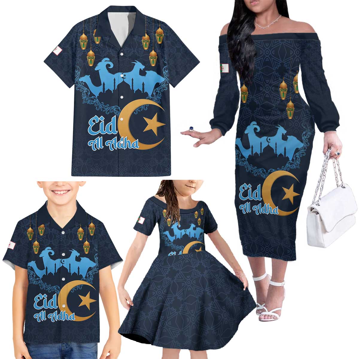 Algeria Happy Eid Mubarak Family Matching Off The Shoulder Long Sleeve Dress and Hawaiian Shirt Eid Al-Adha