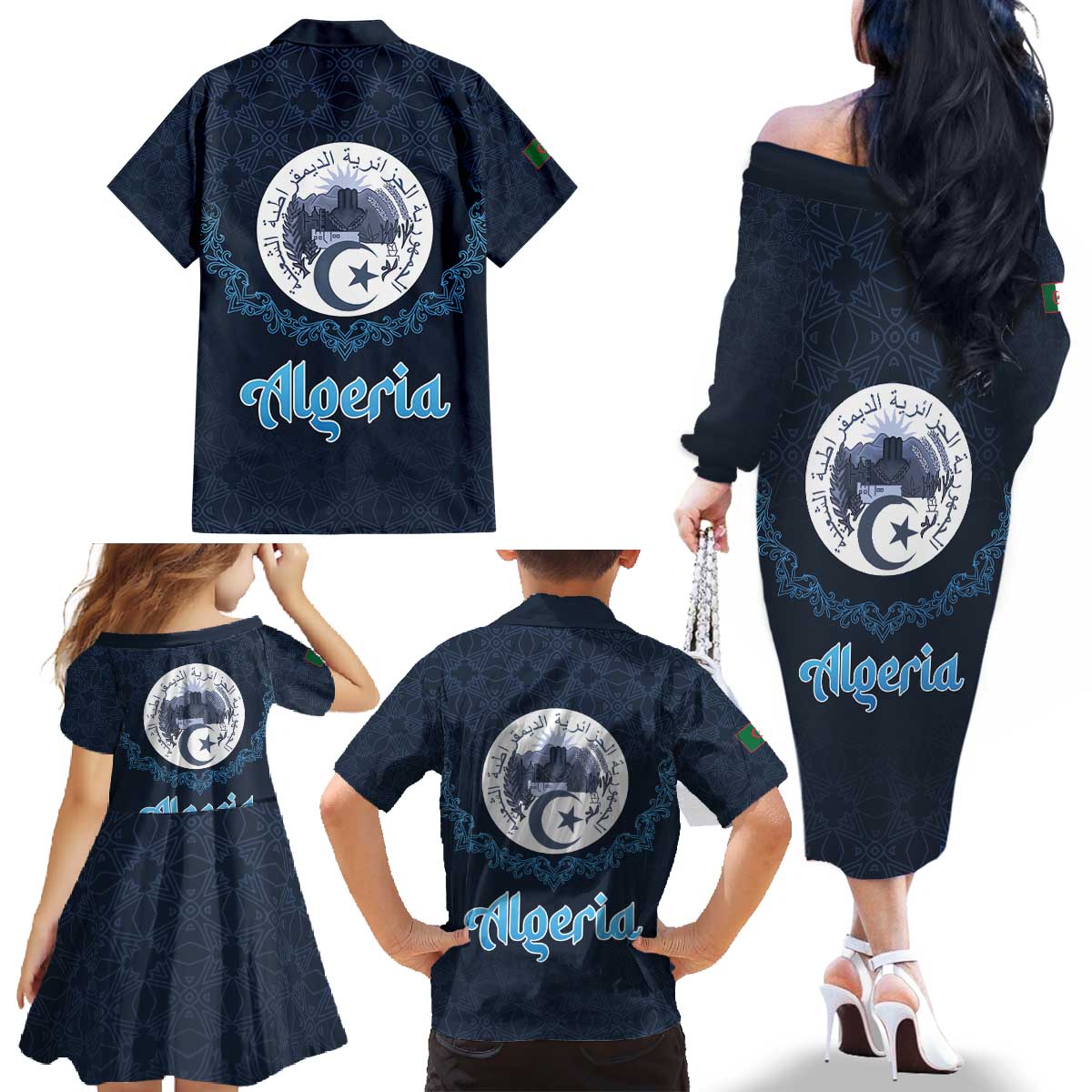 Algeria Happy Eid Mubarak Family Matching Off The Shoulder Long Sleeve Dress and Hawaiian Shirt Eid Al-Adha
