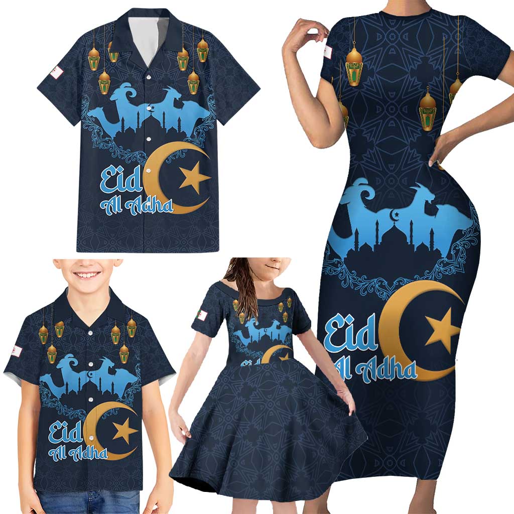 Algeria Happy Eid Mubarak Family Matching Short Sleeve Bodycon Dress and Hawaiian Shirt Eid Al-Adha
