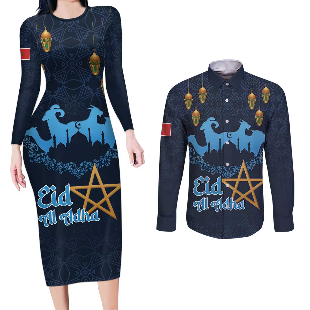 Morocco Happy Eid Mubarak Couples Matching Long Sleeve Bodycon Dress and Long Sleeve Button Shirt Eid Al-Adha