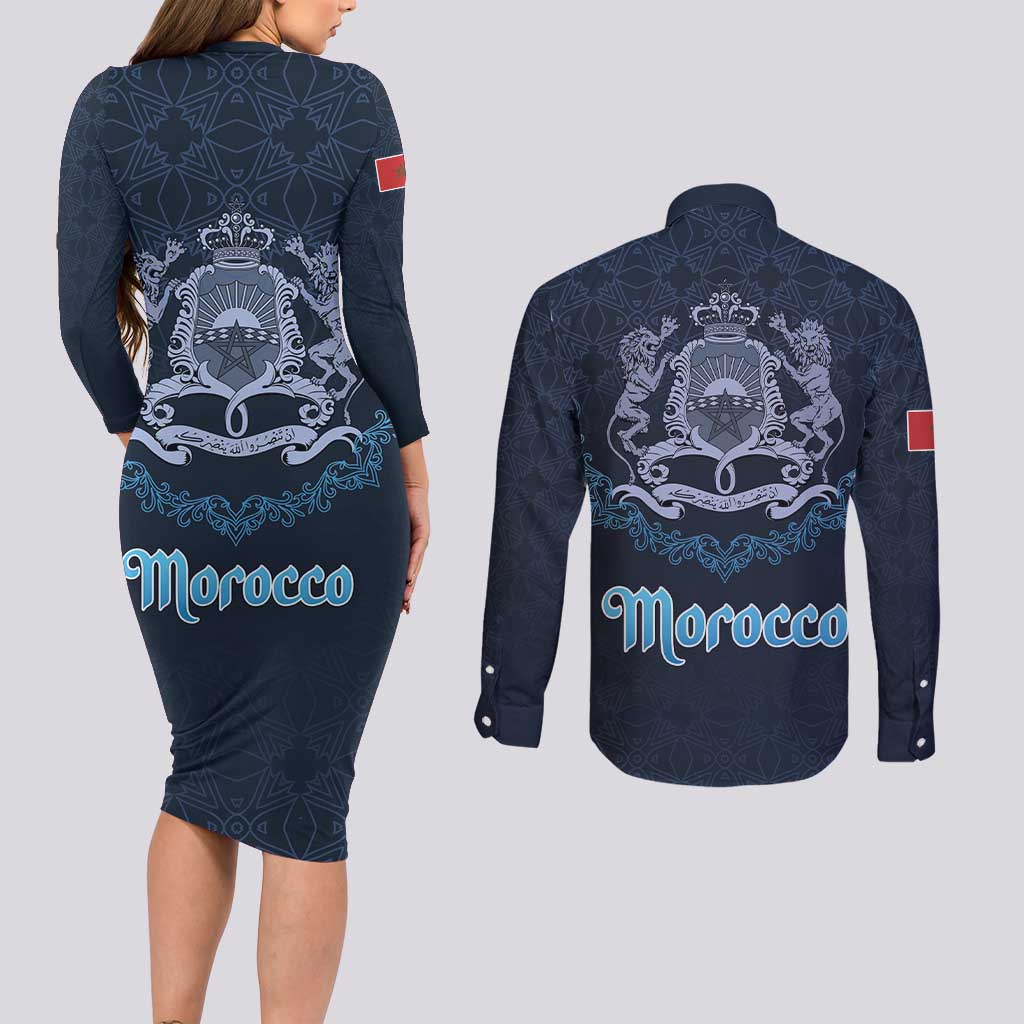 Morocco Happy Eid Mubarak Couples Matching Long Sleeve Bodycon Dress and Long Sleeve Button Shirt Eid Al-Adha