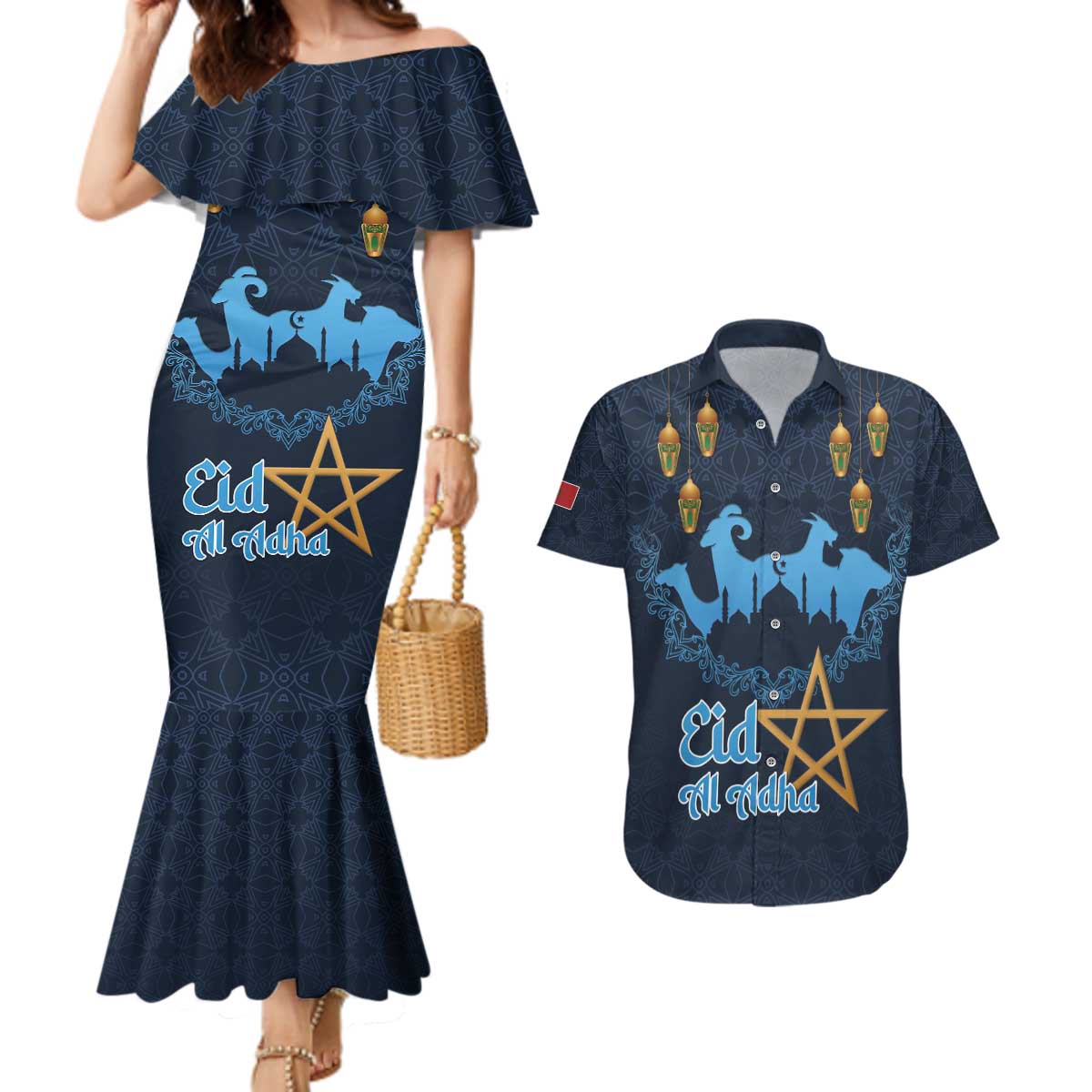Morocco Happy Eid Mubarak Couples Matching Mermaid Dress and Hawaiian Shirt Eid Al-Adha