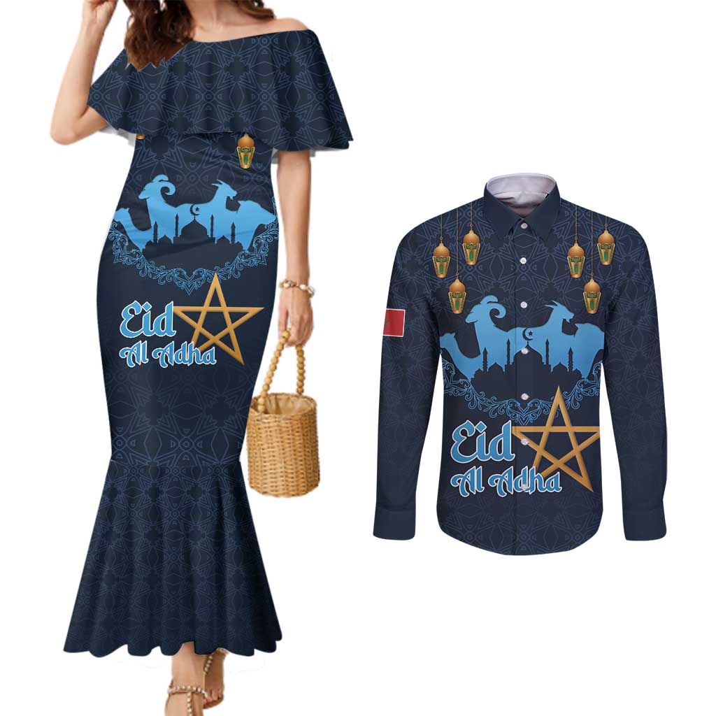 Morocco Happy Eid Mubarak Couples Matching Mermaid Dress and Long Sleeve Button Shirt Eid Al-Adha