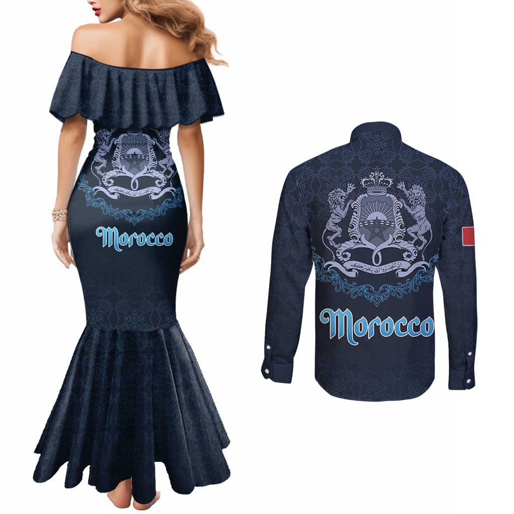 Morocco Happy Eid Mubarak Couples Matching Mermaid Dress and Long Sleeve Button Shirt Eid Al-Adha