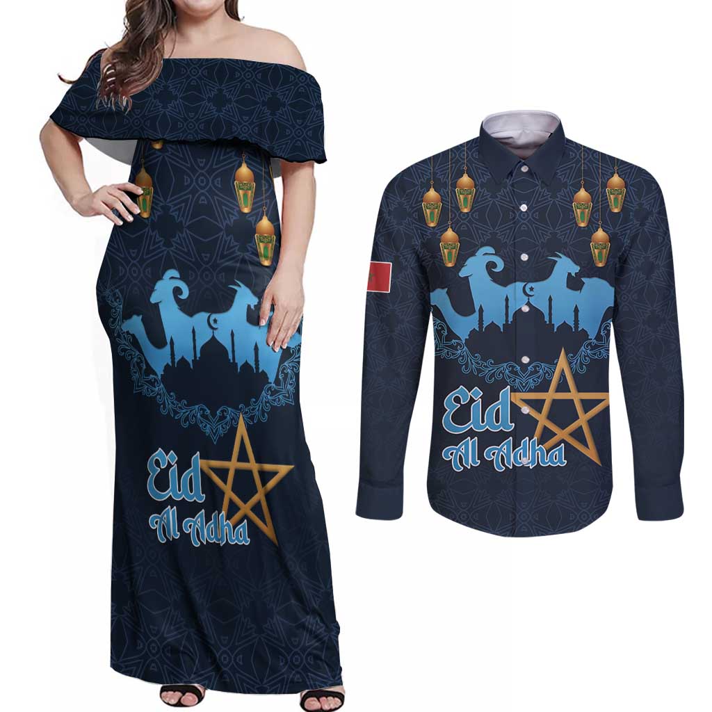 Morocco Happy Eid Mubarak Couples Matching Off Shoulder Maxi Dress and Long Sleeve Button Shirt Eid Al-Adha