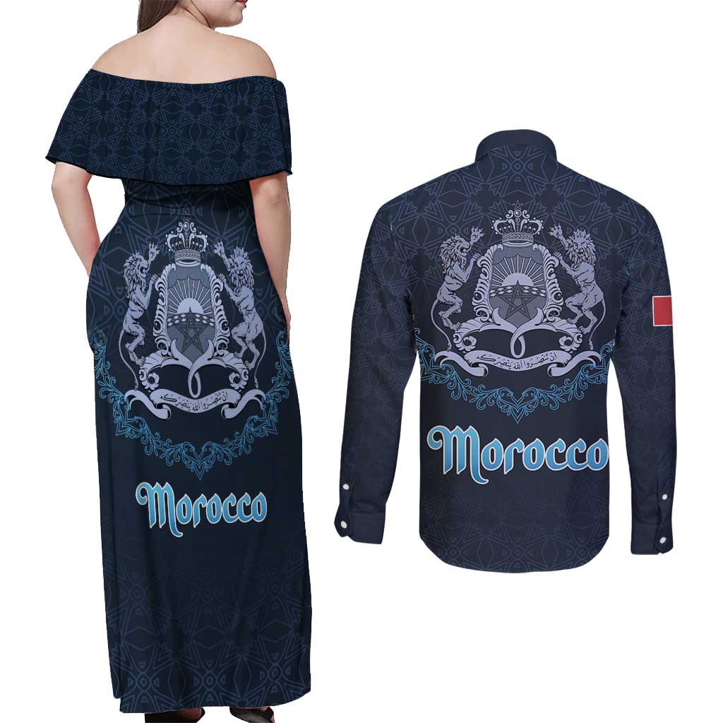 Morocco Happy Eid Mubarak Couples Matching Off Shoulder Maxi Dress and Long Sleeve Button Shirt Eid Al-Adha