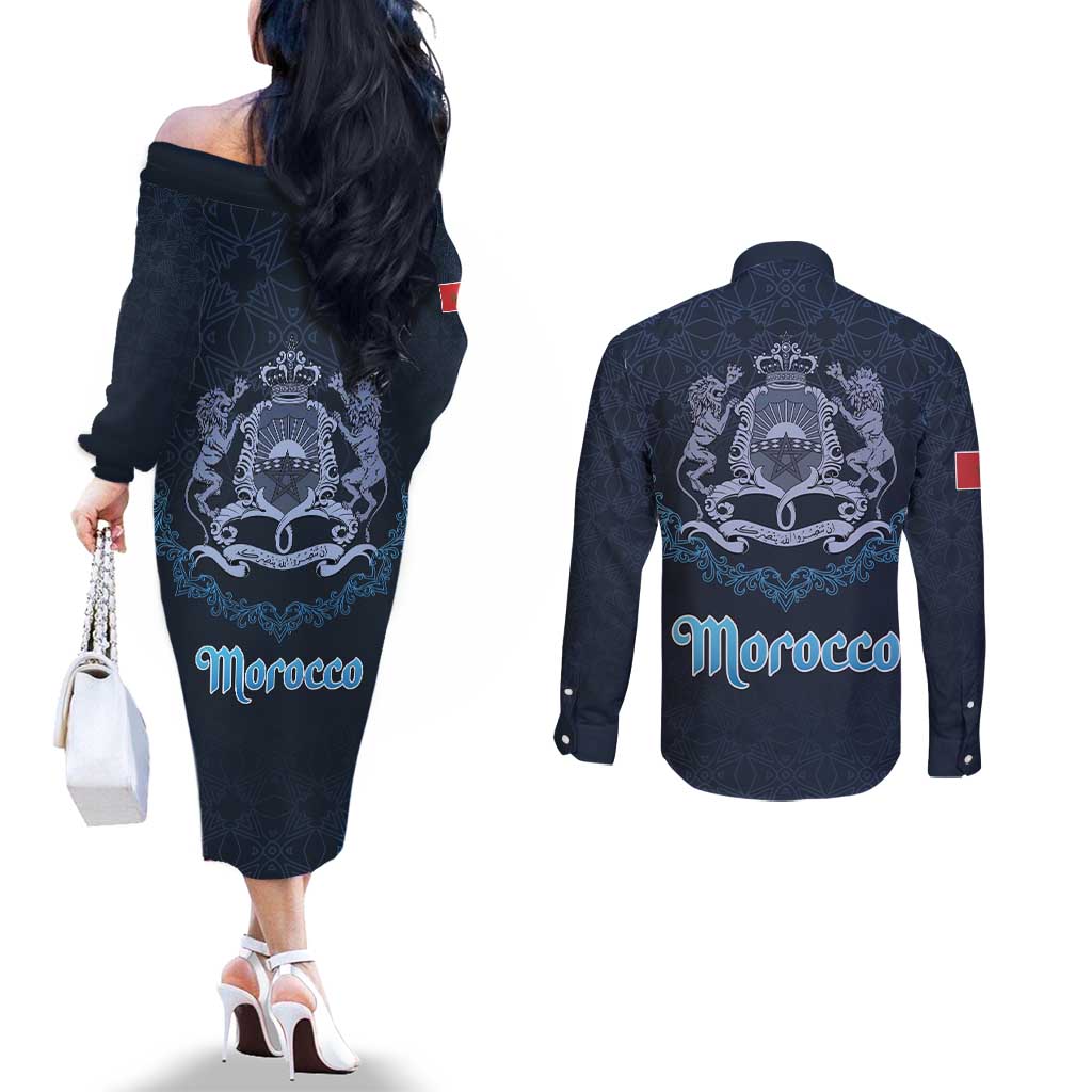 Morocco Happy Eid Mubarak Couples Matching Off The Shoulder Long Sleeve Dress and Long Sleeve Button Shirt Eid Al-Adha
