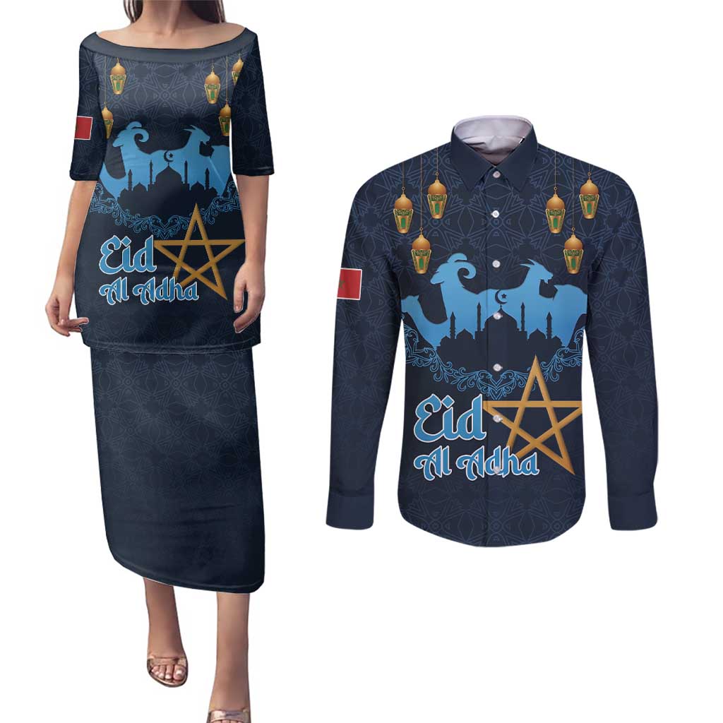 Morocco Happy Eid Mubarak Couples Matching Puletasi and Long Sleeve Button Shirt Eid Al-Adha