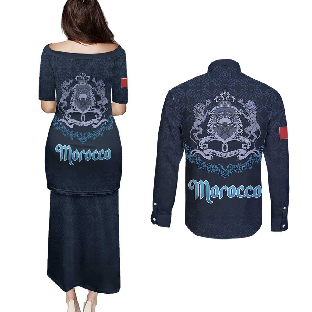 Morocco Happy Eid Mubarak Couples Matching Puletasi and Long Sleeve Button Shirt Eid Al-Adha