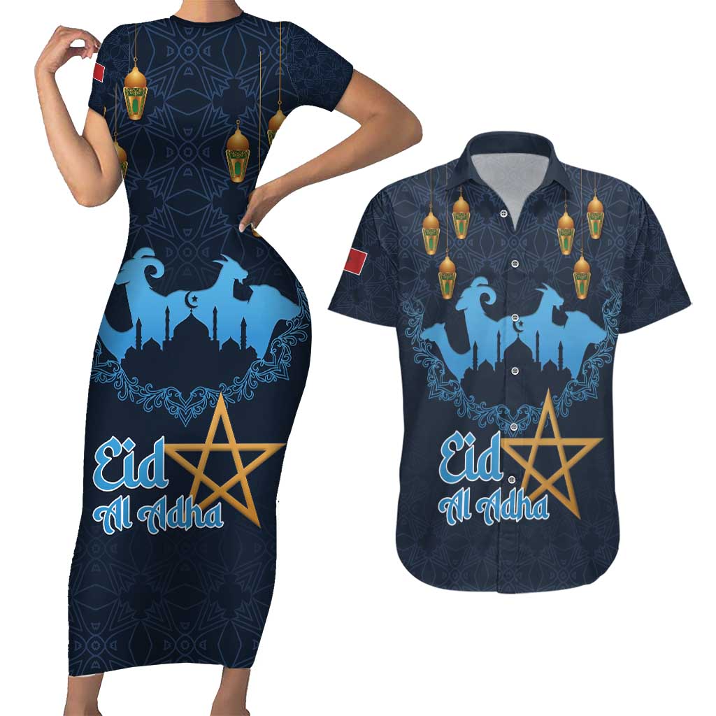 Morocco Happy Eid Mubarak Couples Matching Short Sleeve Bodycon Dress and Hawaiian Shirt Eid Al-Adha