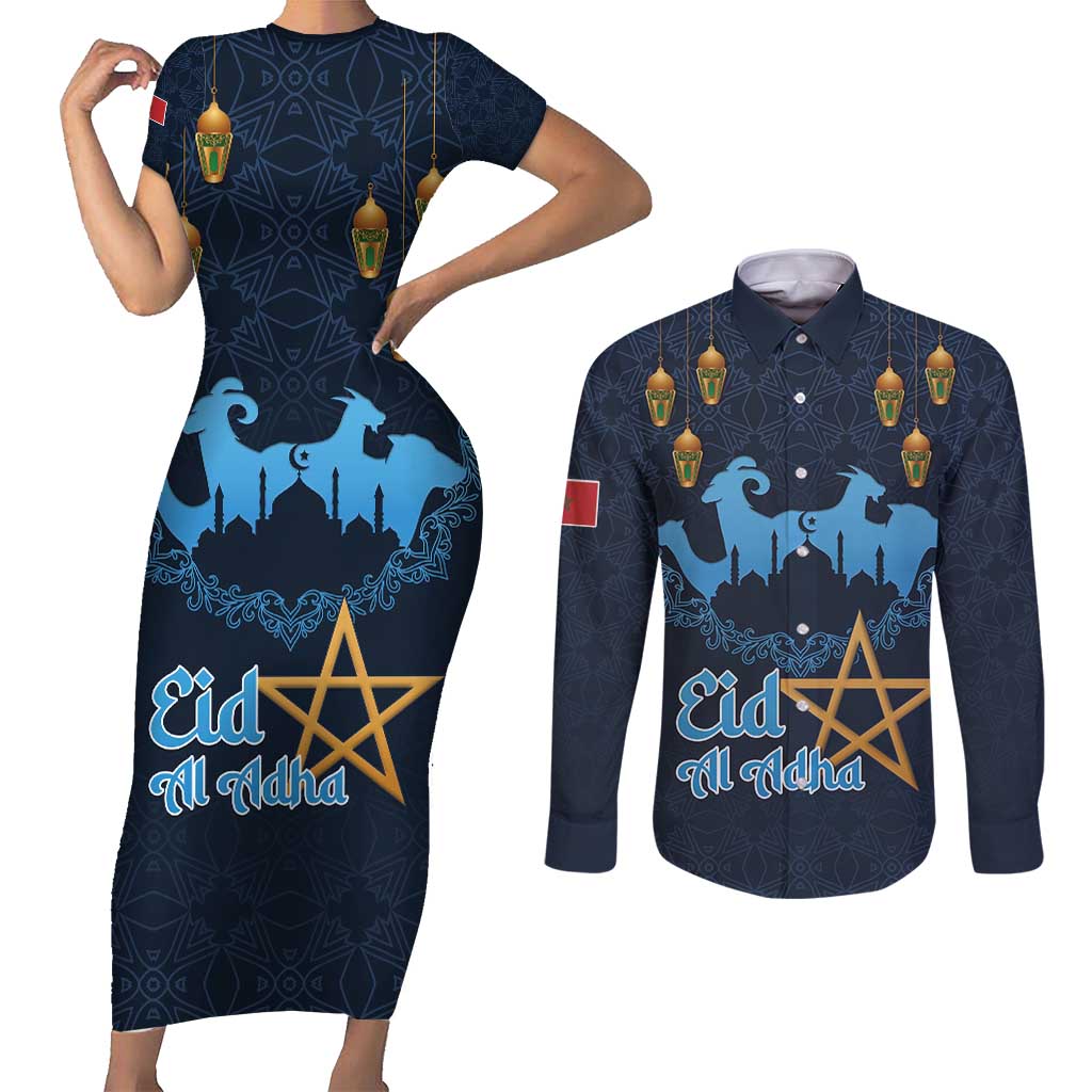Morocco Happy Eid Mubarak Couples Matching Short Sleeve Bodycon Dress and Long Sleeve Button Shirt Eid Al-Adha