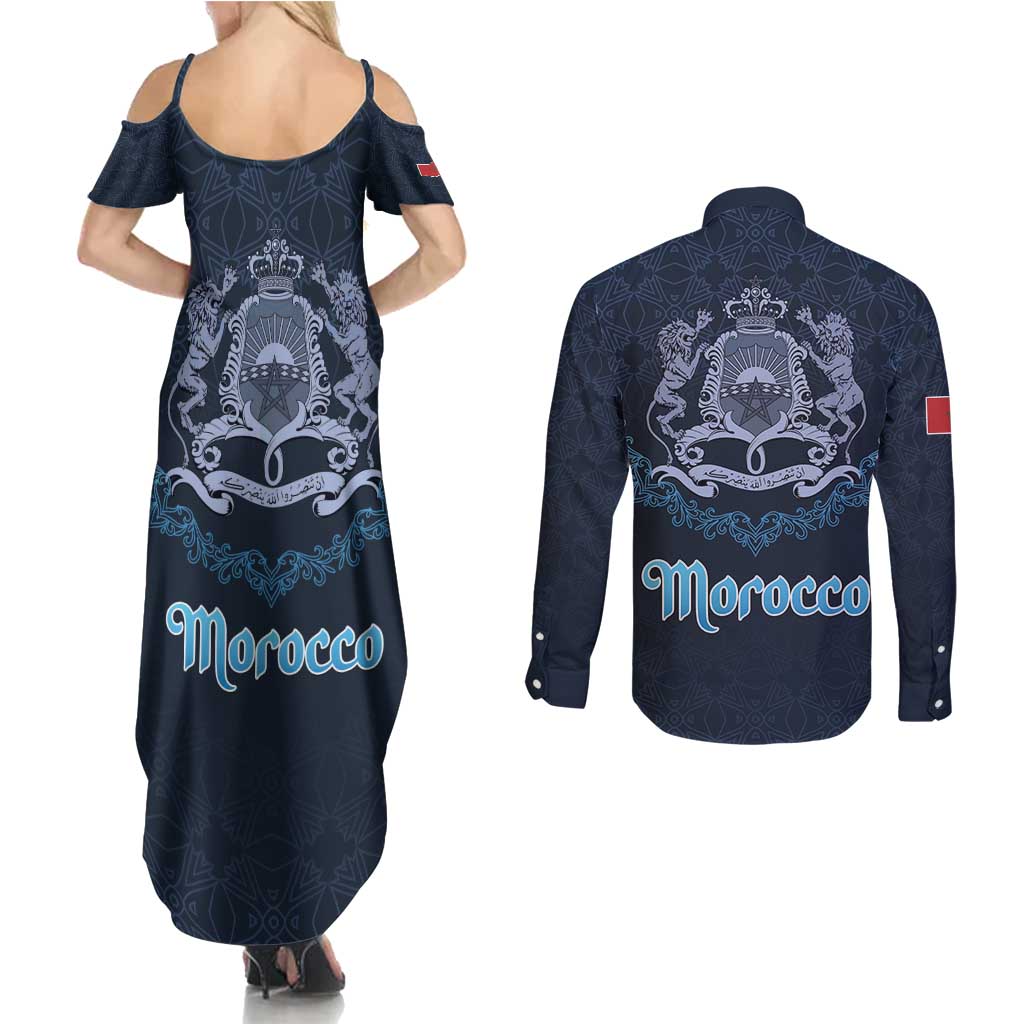 Morocco Happy Eid Mubarak Couples Matching Summer Maxi Dress and Long Sleeve Button Shirt Eid Al-Adha