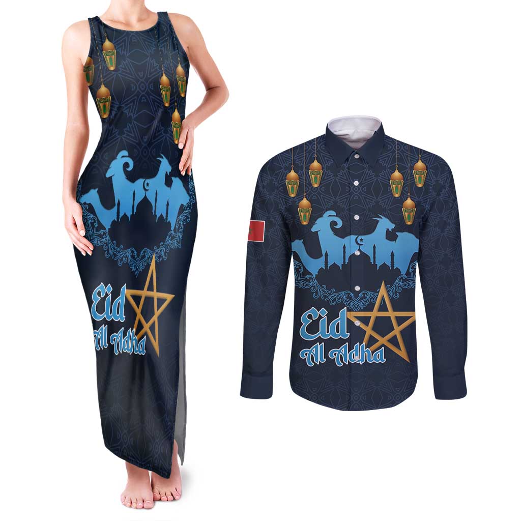 Morocco Happy Eid Mubarak Couples Matching Tank Maxi Dress and Long Sleeve Button Shirt Eid Al-Adha