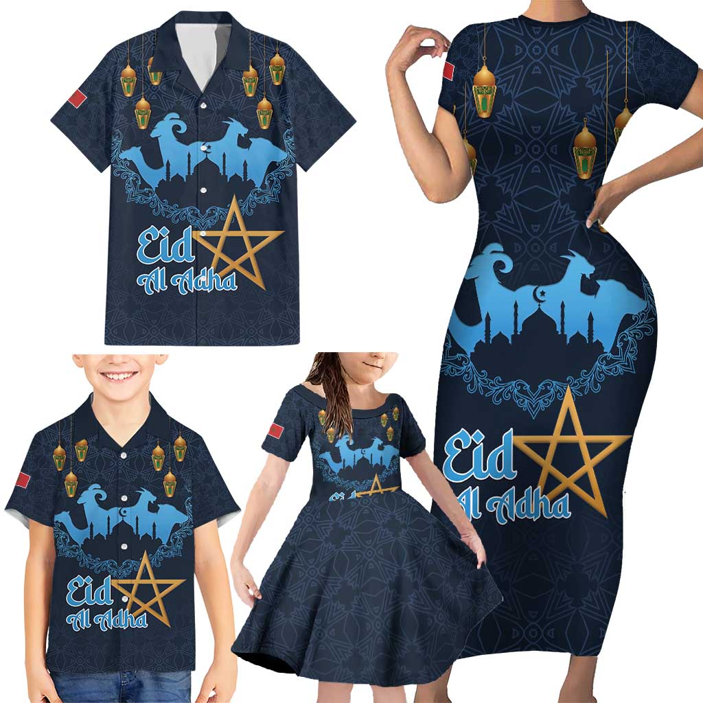 Morocco Happy Eid Mubarak Family Matching Short Sleeve Bodycon Dress and Hawaiian Shirt Eid Al-Adha
