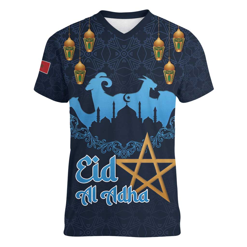 Morocco Happy Eid Mubarak Women V-Neck T-Shirt Eid Al-Adha