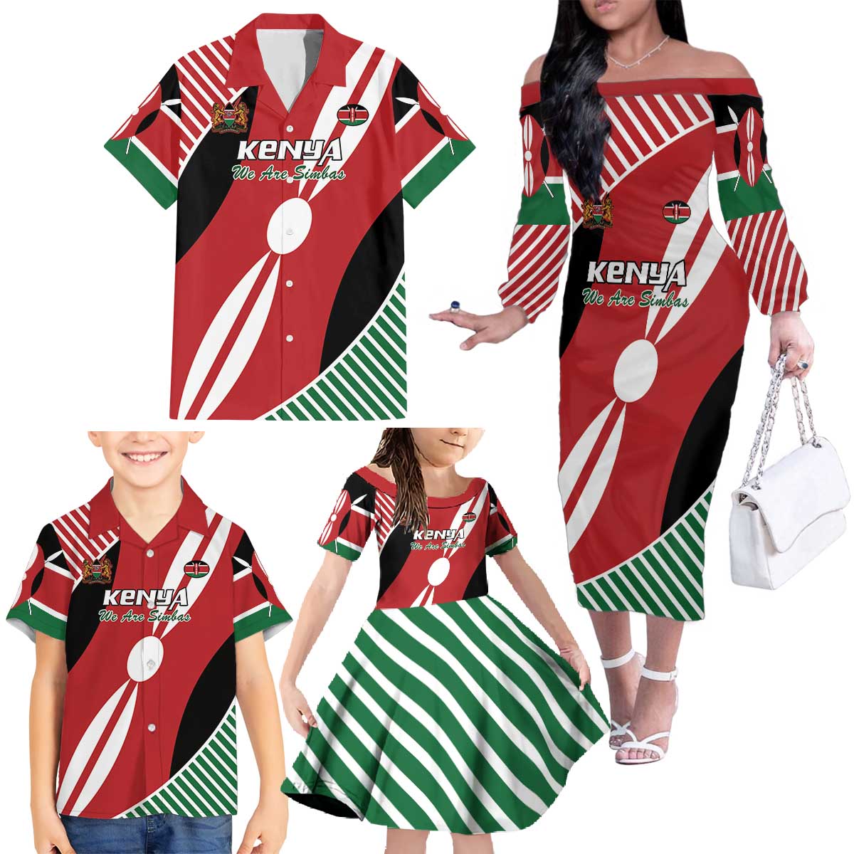 Custom Kenya Rugby Family Matching Off The Shoulder Long Sleeve Dress and Hawaiian Shirt Flag Style - Wonder Print Shop