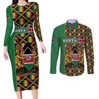 Kenya Couples Matching Long Sleeve Bodycon Dress and Long Sleeve Button Shirt Coat Of Arms Kente Pattern - Wonder Print Shop