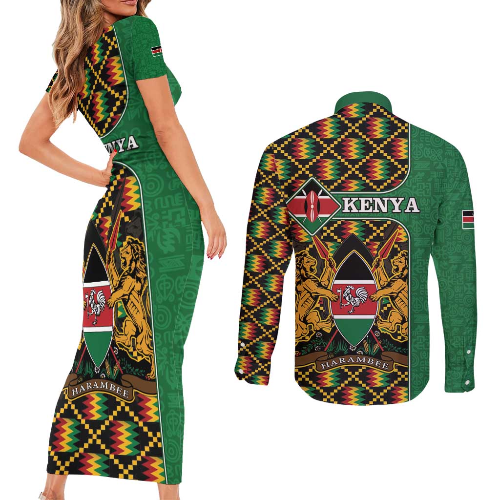 Kenya Couples Matching Short Sleeve Bodycon Dress and Long Sleeve Button Shirt Coat Of Arms Kente Pattern - Wonder Print Shop
