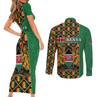 Kenya Couples Matching Short Sleeve Bodycon Dress and Long Sleeve Button Shirt Coat Of Arms Kente Pattern - Wonder Print Shop
