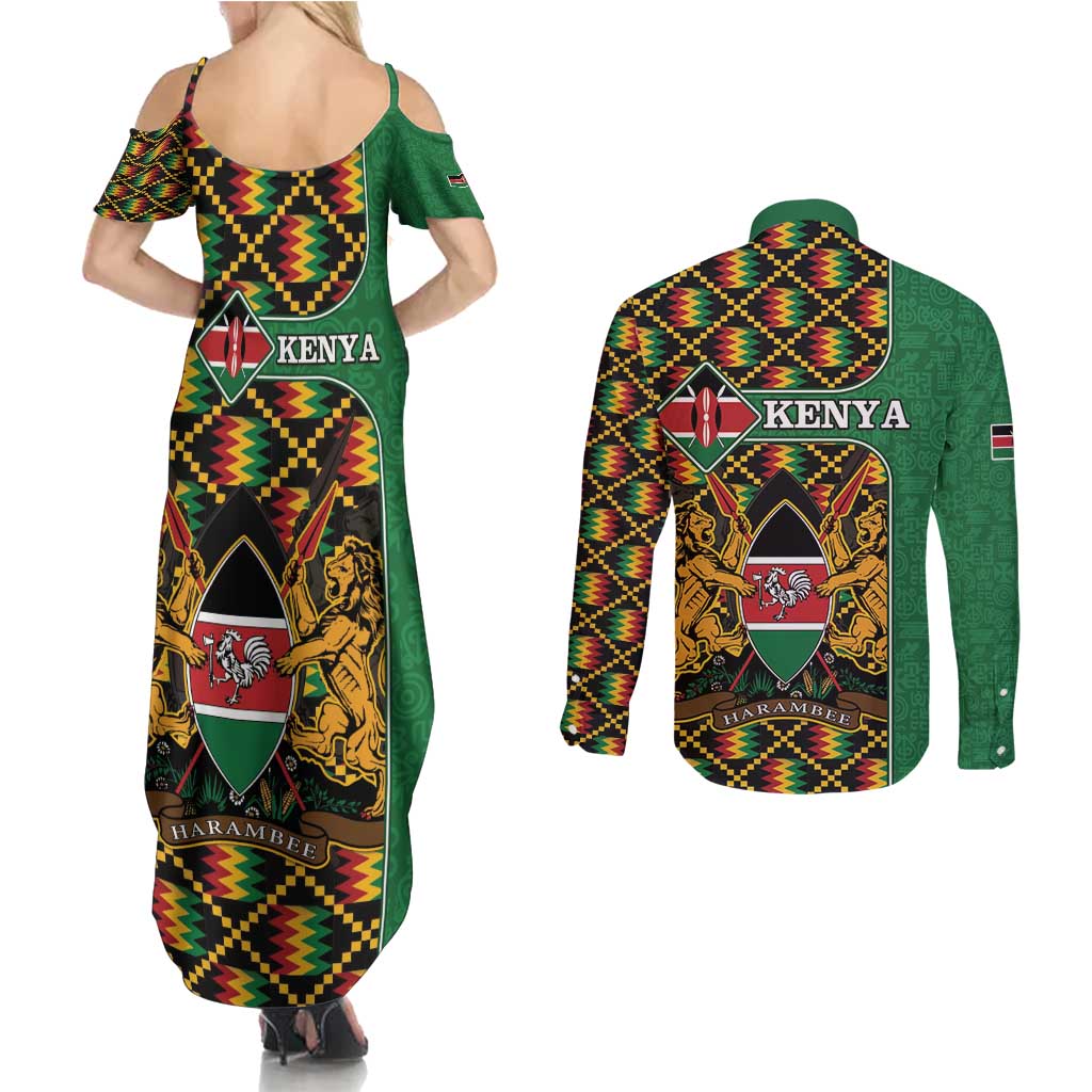 Kenya Couples Matching Summer Maxi Dress and Long Sleeve Button Shirt Coat Of Arms Kente Pattern - Wonder Print Shop