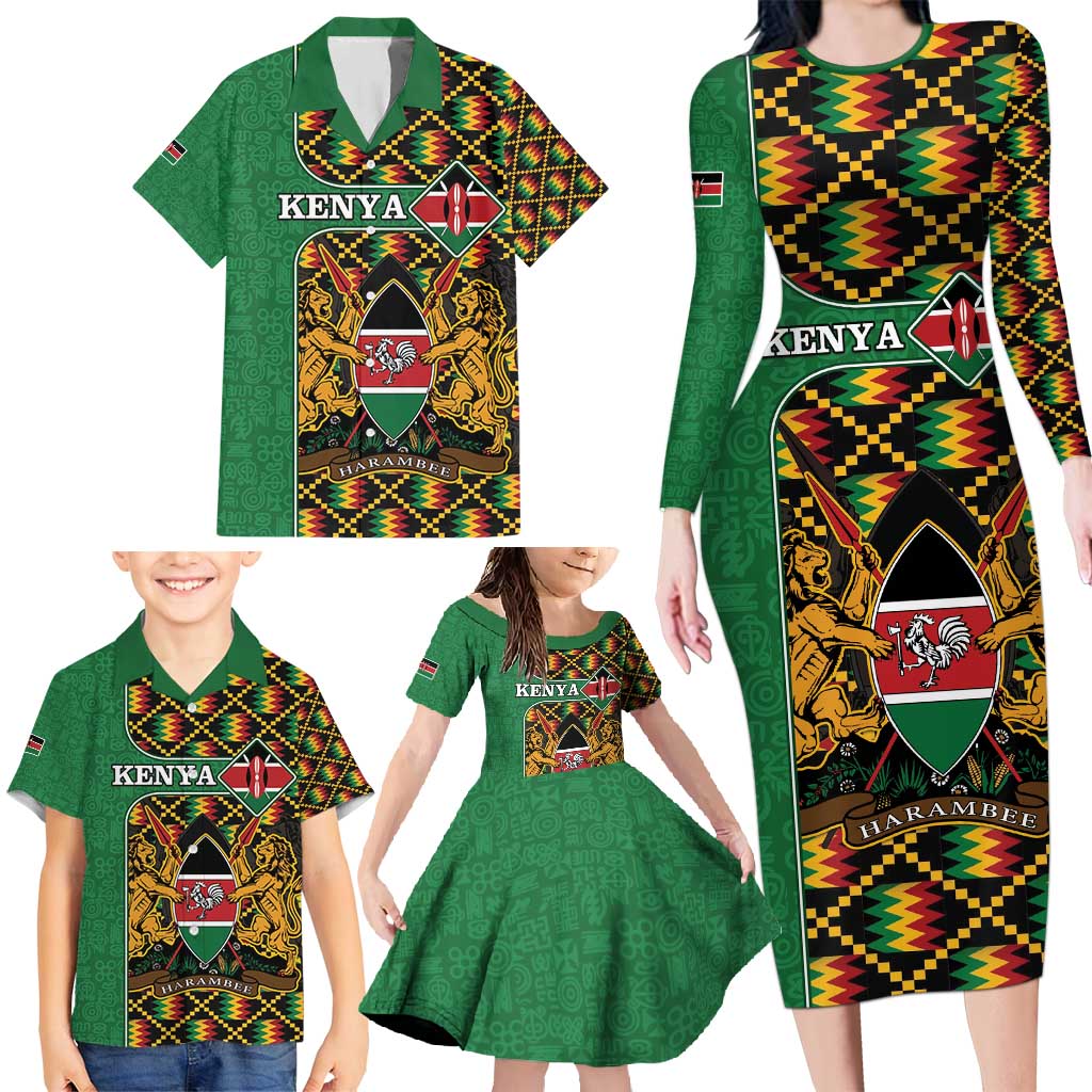 Kenya Family Matching Long Sleeve Bodycon Dress and Hawaiian Shirt Coat Of Arms Kente Pattern - Wonder Print Shop