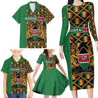 Kenya Family Matching Long Sleeve Bodycon Dress and Hawaiian Shirt Coat Of Arms Kente Pattern - Wonder Print Shop