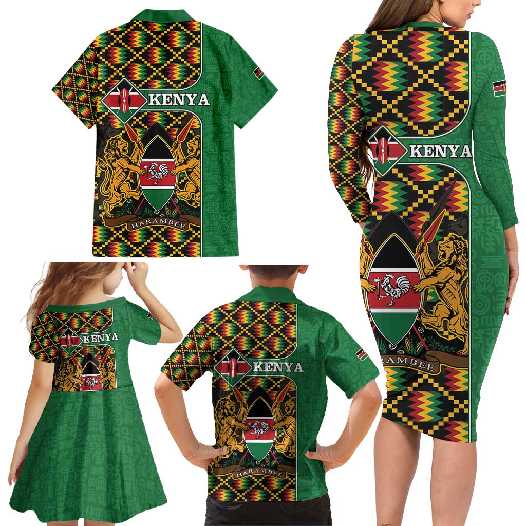 Kenya Family Matching Long Sleeve Bodycon Dress and Hawaiian Shirt Coat Of Arms Kente Pattern - Wonder Print Shop