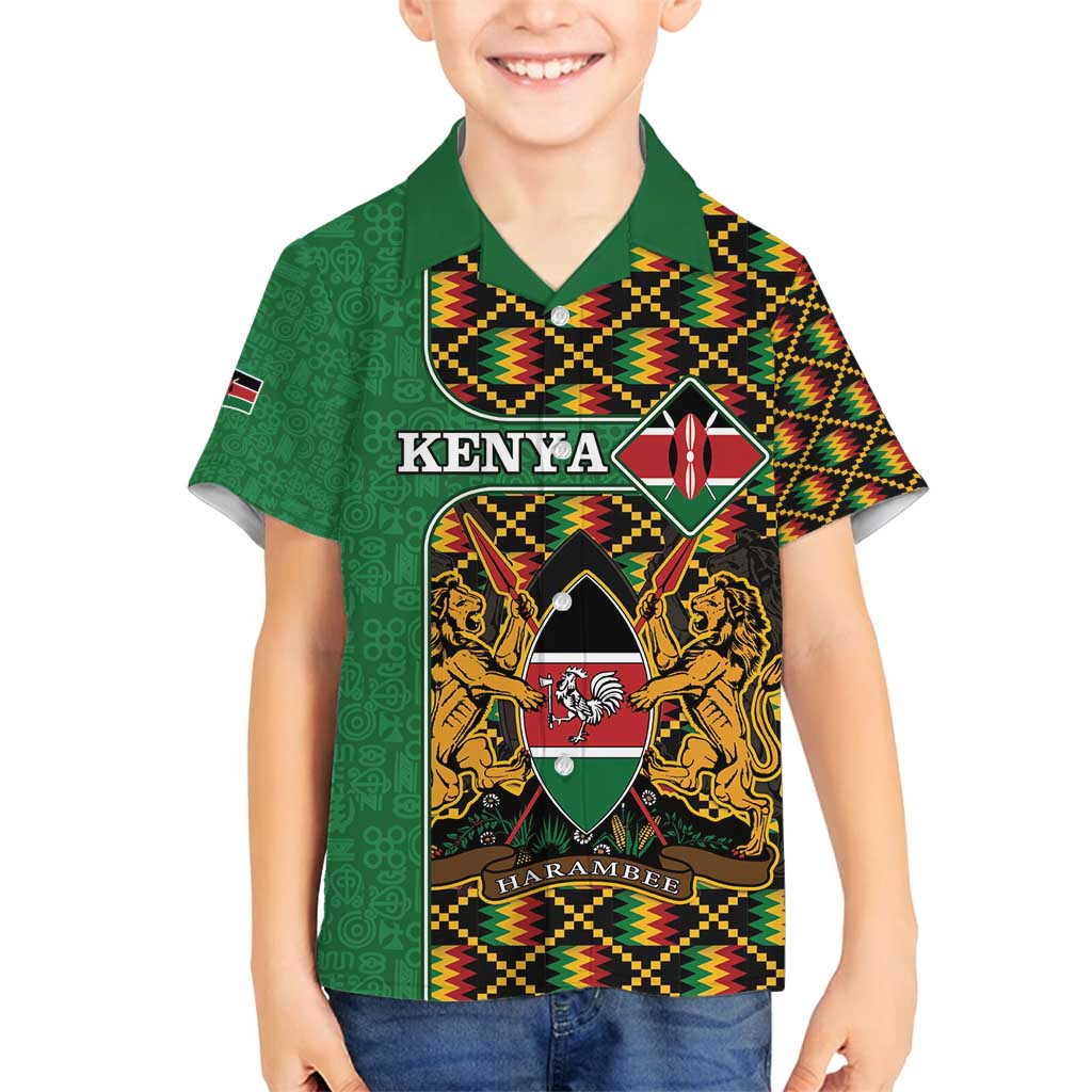 Kenya Family Matching Long Sleeve Bodycon Dress and Hawaiian Shirt Coat Of Arms Kente Pattern - Wonder Print Shop