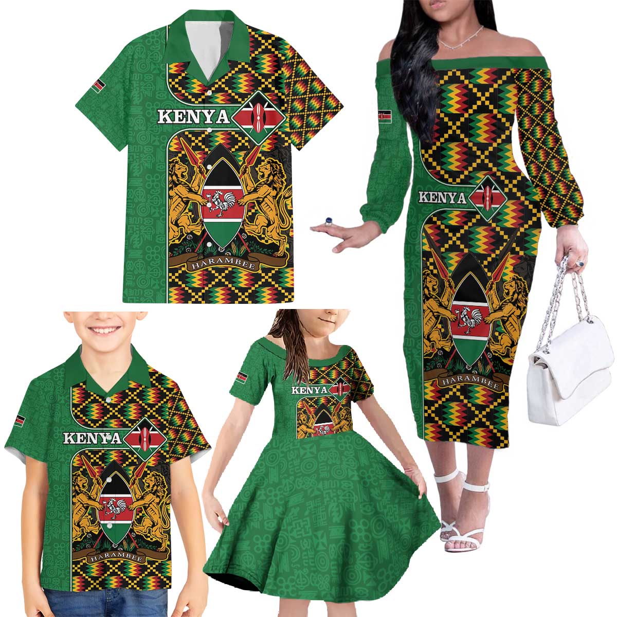 Kenya Family Matching Off The Shoulder Long Sleeve Dress and Hawaiian Shirt Coat Of Arms Kente Pattern - Wonder Print Shop