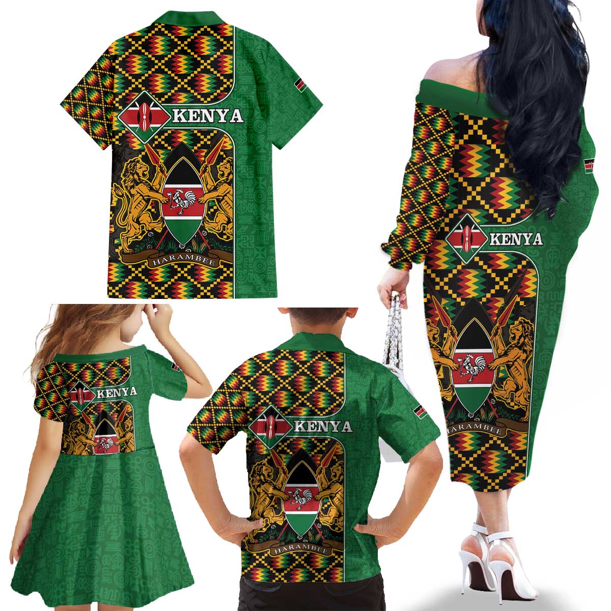 Kenya Family Matching Off The Shoulder Long Sleeve Dress and Hawaiian Shirt Coat Of Arms Kente Pattern - Wonder Print Shop