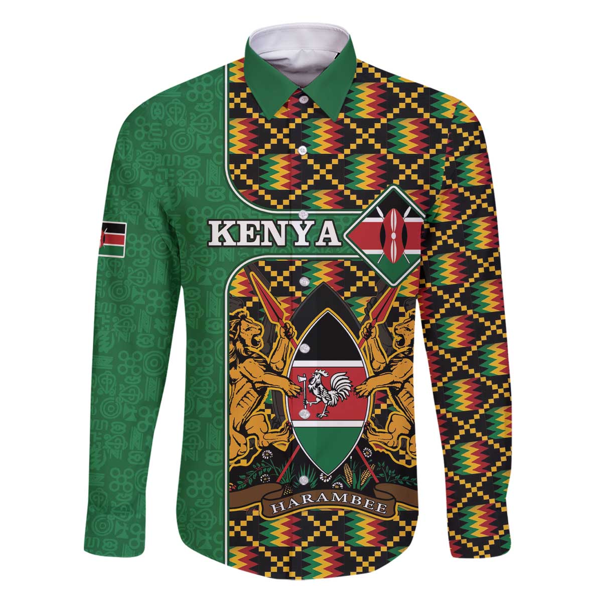 Kenya Family Matching Off The Shoulder Long Sleeve Dress and Hawaiian Shirt Coat Of Arms Kente Pattern - Wonder Print Shop