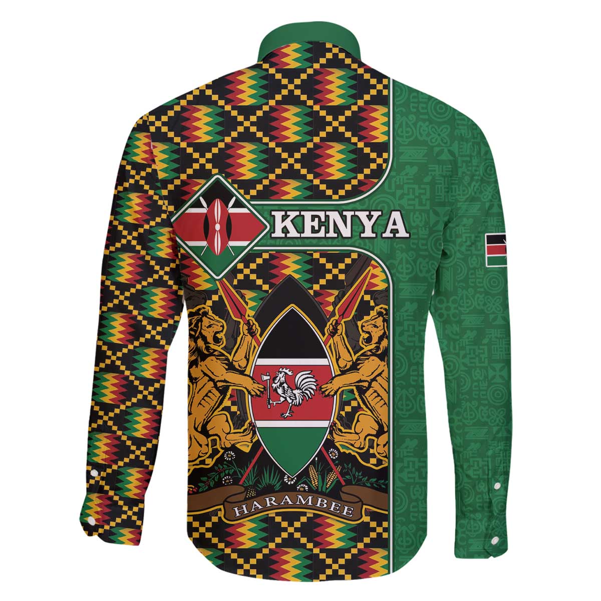 Kenya Family Matching Off The Shoulder Long Sleeve Dress and Hawaiian Shirt Coat Of Arms Kente Pattern - Wonder Print Shop