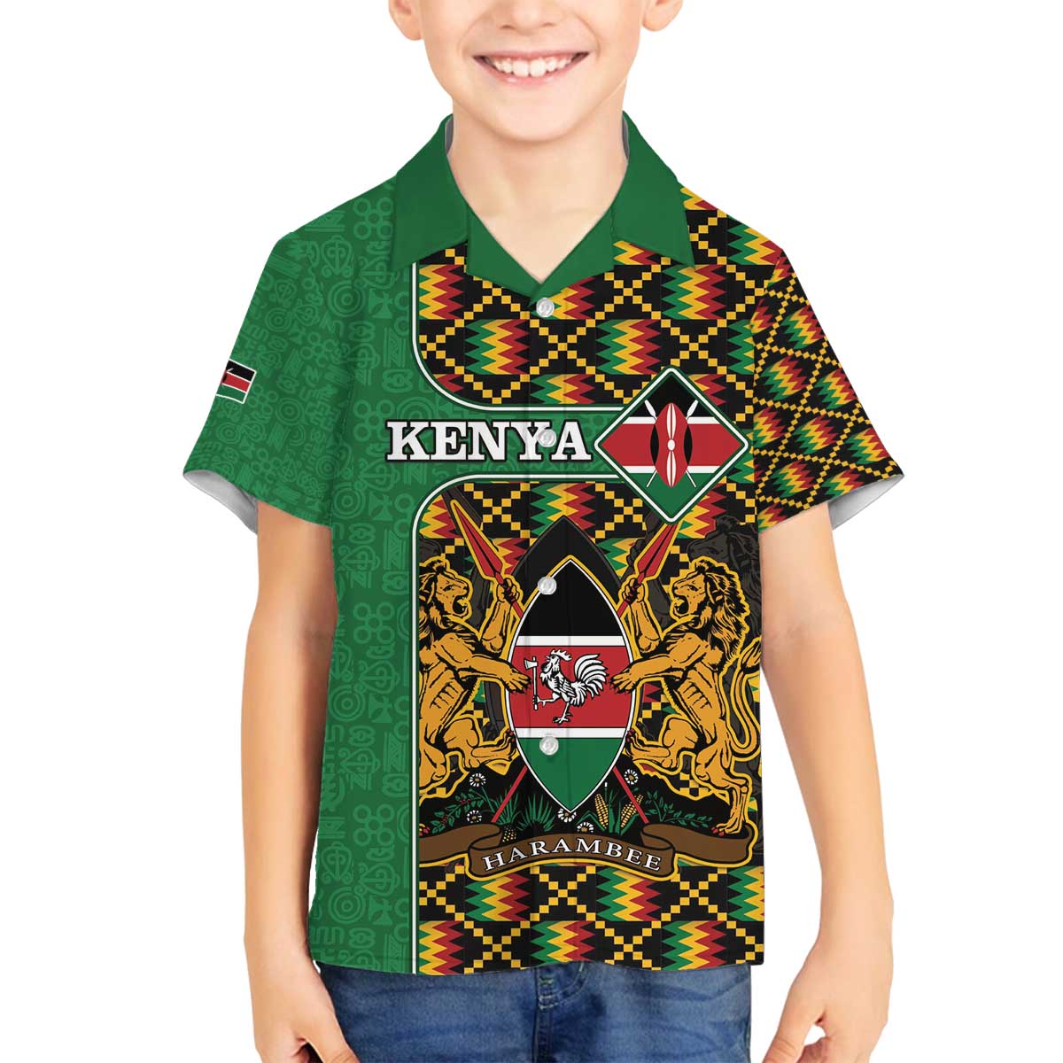 Kenya Family Matching Off The Shoulder Long Sleeve Dress and Hawaiian Shirt Coat Of Arms Kente Pattern - Wonder Print Shop