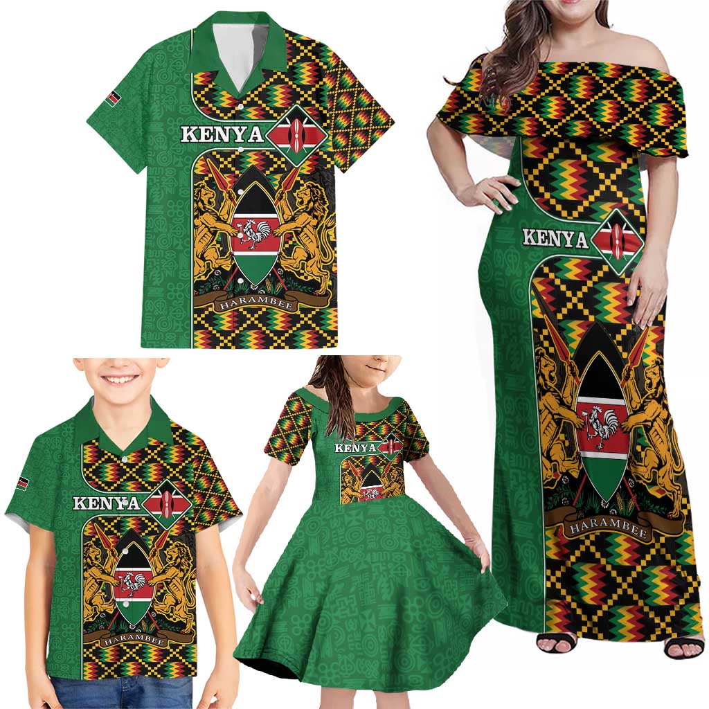Kenya Family Matching Off Shoulder Maxi Dress and Hawaiian Shirt Coat Of Arms Kente Pattern - Wonder Print Shop