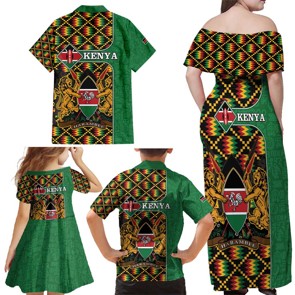 Kenya Family Matching Off Shoulder Maxi Dress and Hawaiian Shirt Coat Of Arms Kente Pattern - Wonder Print Shop