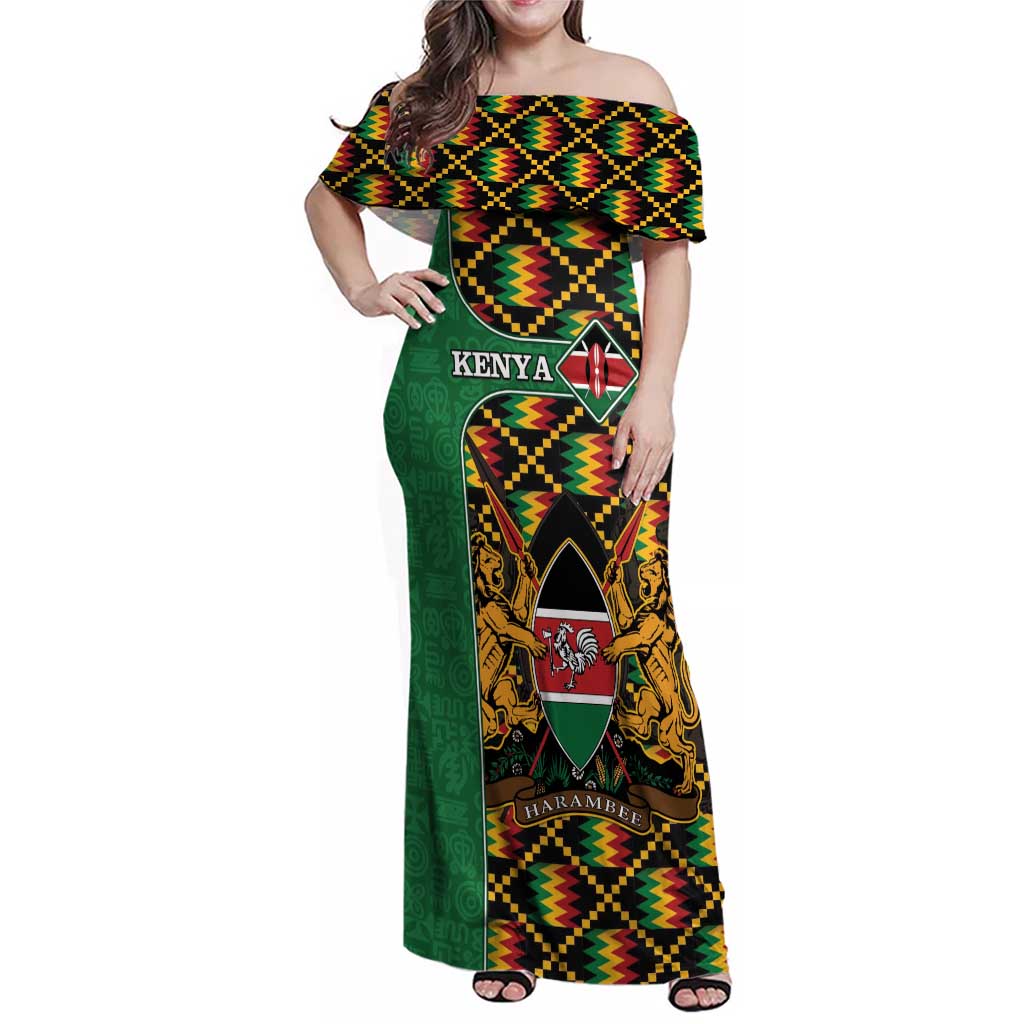 Kenya Family Matching Off Shoulder Maxi Dress and Hawaiian Shirt Coat Of Arms Kente Pattern - Wonder Print Shop