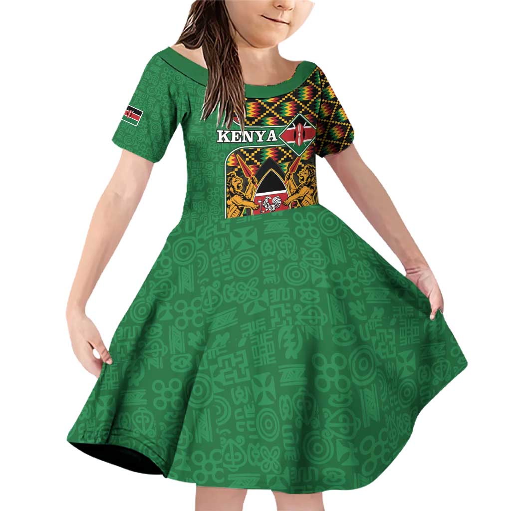 Kenya Family Matching Off Shoulder Short Dress and Hawaiian Shirt Coat Of Arms Kente Pattern - Wonder Print Shop