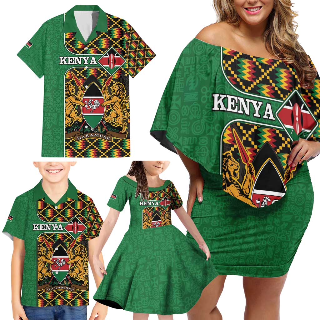 Kenya Family Matching Off Shoulder Short Dress and Hawaiian Shirt Coat Of Arms Kente Pattern - Wonder Print Shop