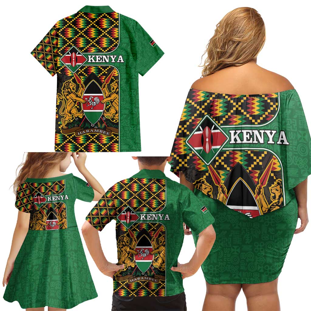 Kenya Family Matching Off Shoulder Short Dress and Hawaiian Shirt Coat Of Arms Kente Pattern - Wonder Print Shop
