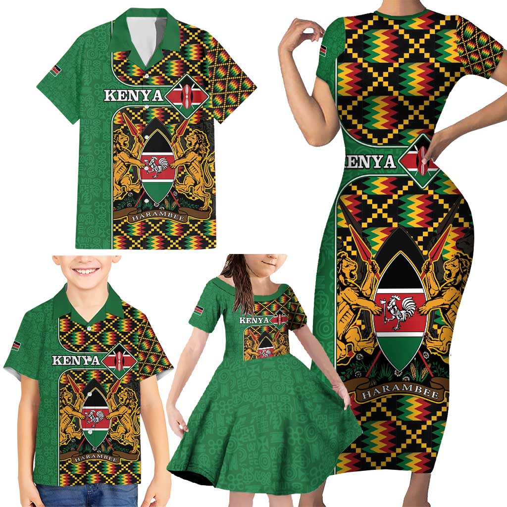 Kenya Family Matching Short Sleeve Bodycon Dress and Hawaiian Shirt Coat Of Arms Kente Pattern - Wonder Print Shop