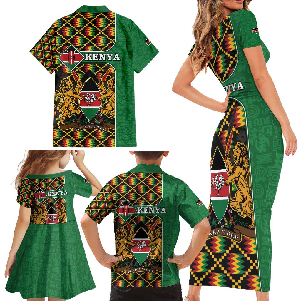 Kenya Family Matching Short Sleeve Bodycon Dress and Hawaiian Shirt Coat Of Arms Kente Pattern - Wonder Print Shop