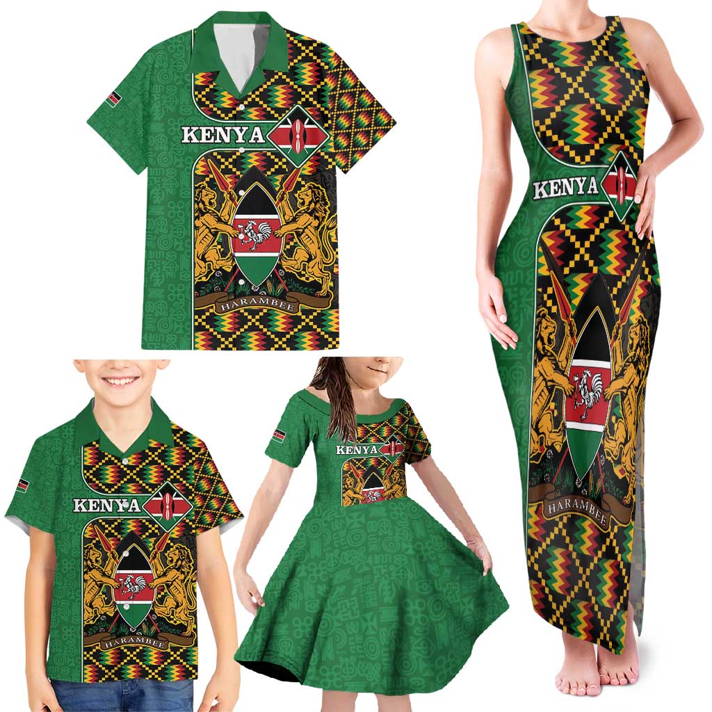 Kenya Family Matching Tank Maxi Dress and Hawaiian Shirt Coat Of Arms Kente Pattern - Wonder Print Shop