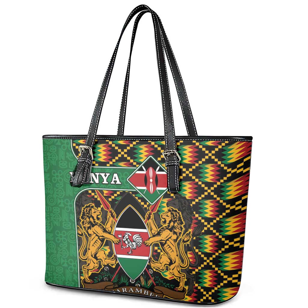 Kenya Leather Tote Bag Coat Of Arms Kente Pattern - Wonder Print Shop