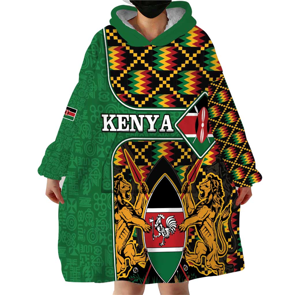 Kenya Wearable Blanket Hoodie Coat Of Arms Kente Pattern - Wonder Print Shop