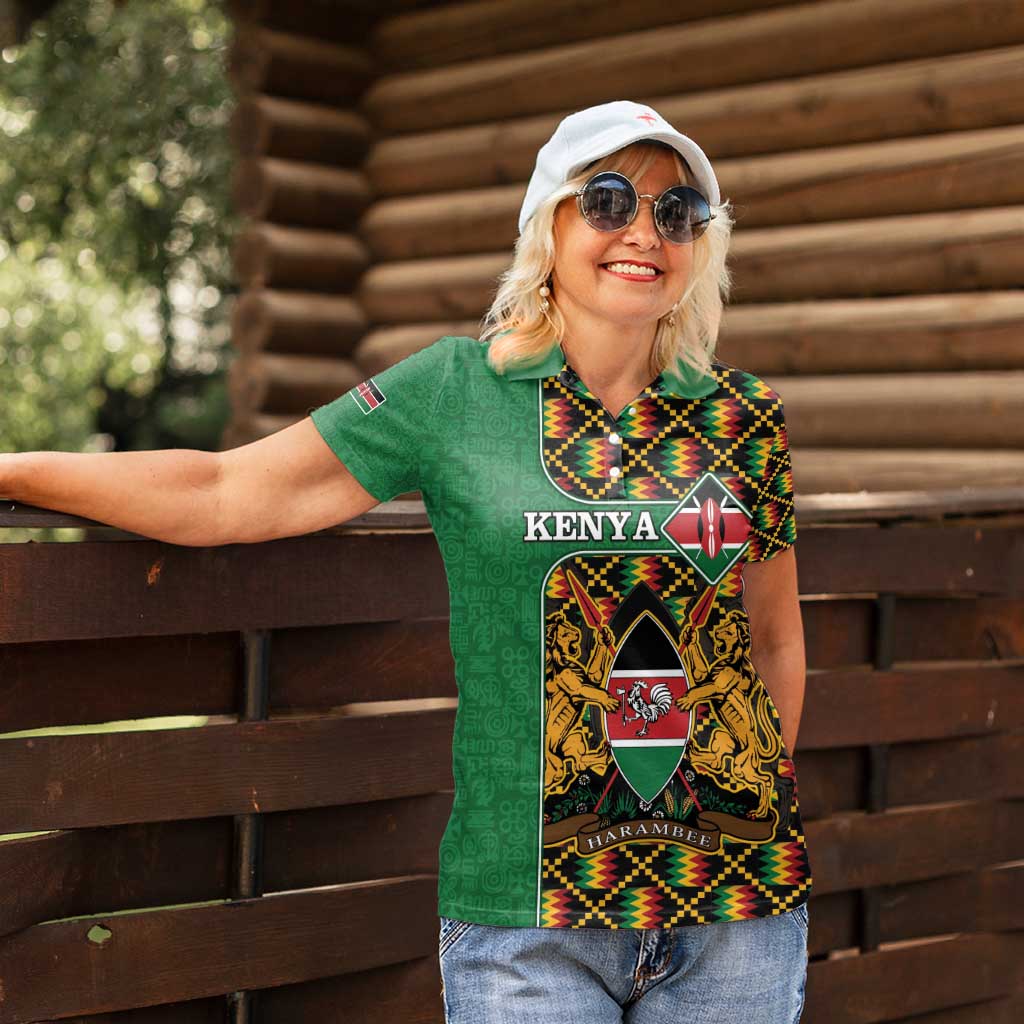 Kenya Women Polo Shirt Coat Of Arms Kente Pattern - Wonder Print Shop