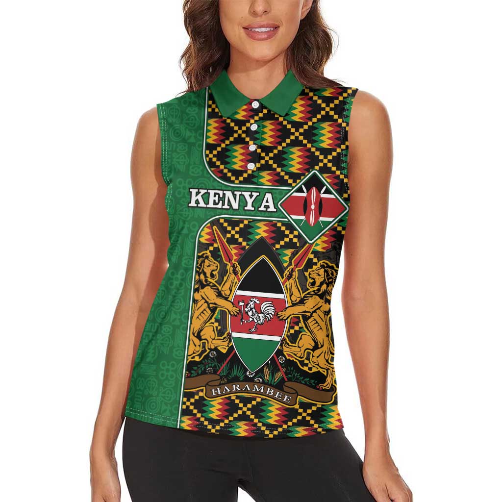 Kenya Women Sleeveless Polo Shirt Coat Of Arms Kente Pattern - Wonder Print Shop