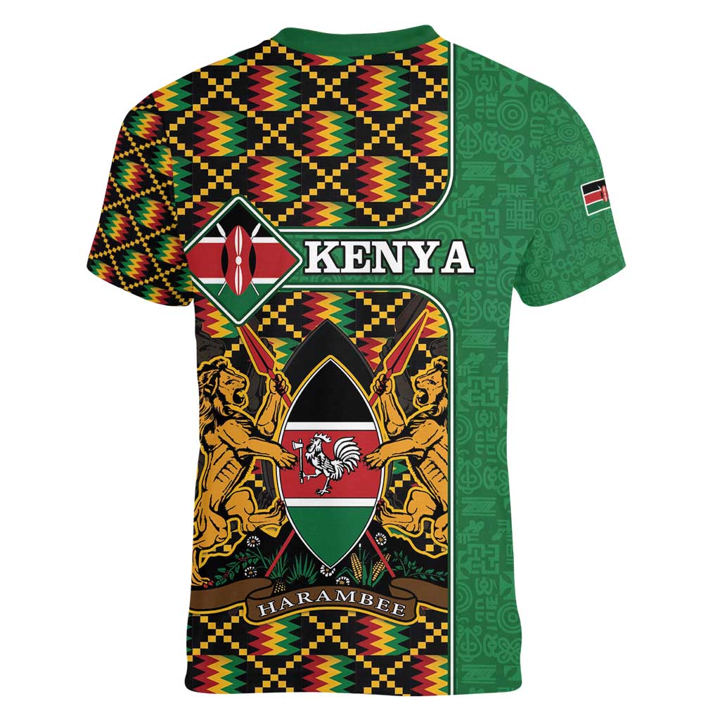 Kenya Women V-Neck T-Shirt Coat Of Arms Kente Pattern - Wonder Print Shop