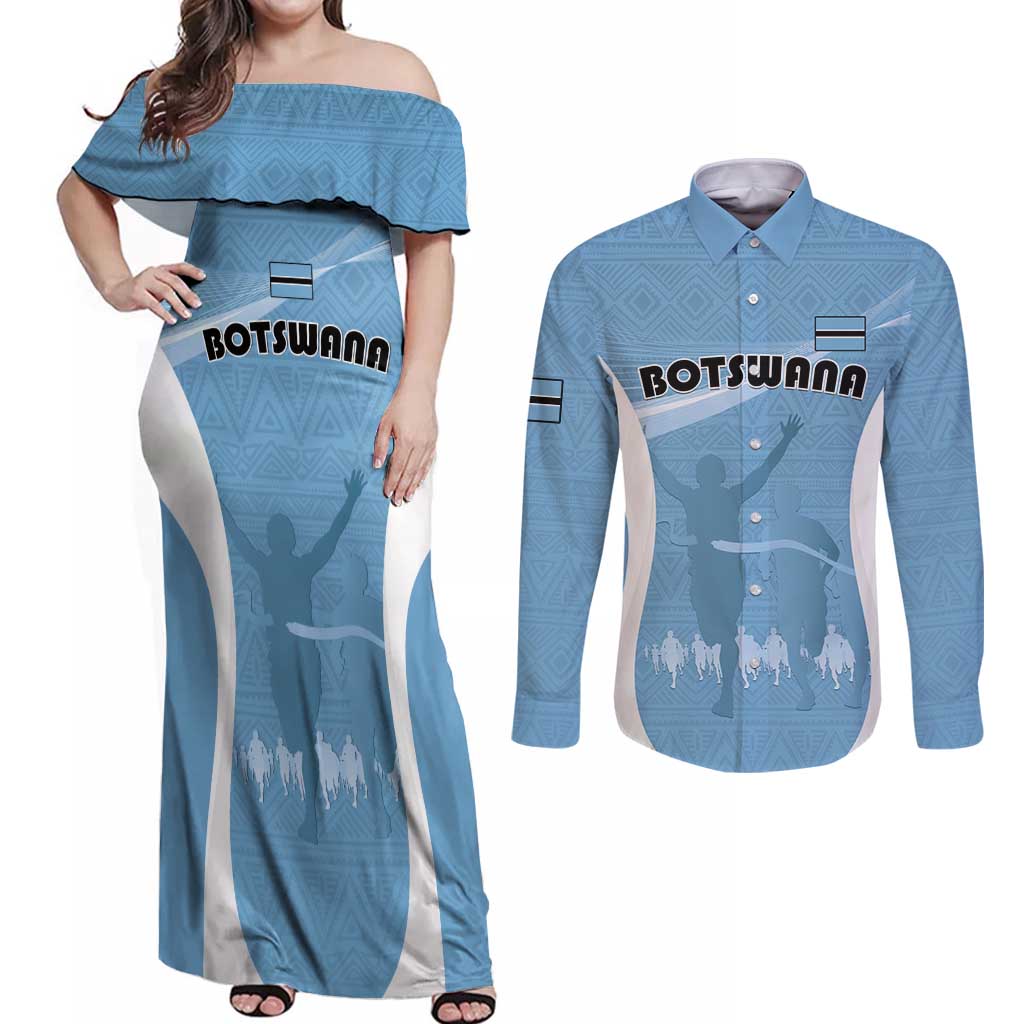 Personalized Botswana Athletics Couples Matching Off Shoulder Maxi Dress and Long Sleeve Button Shirt Go Champions Go - Wonder Print Shop