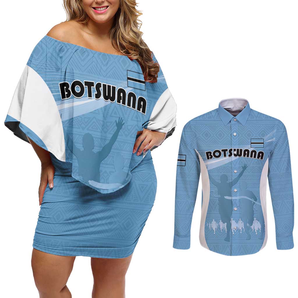 Personalized Botswana Athletics Couples Matching Off Shoulder Short Dress and Long Sleeve Button Shirt Go Champions Go - Wonder Print Shop