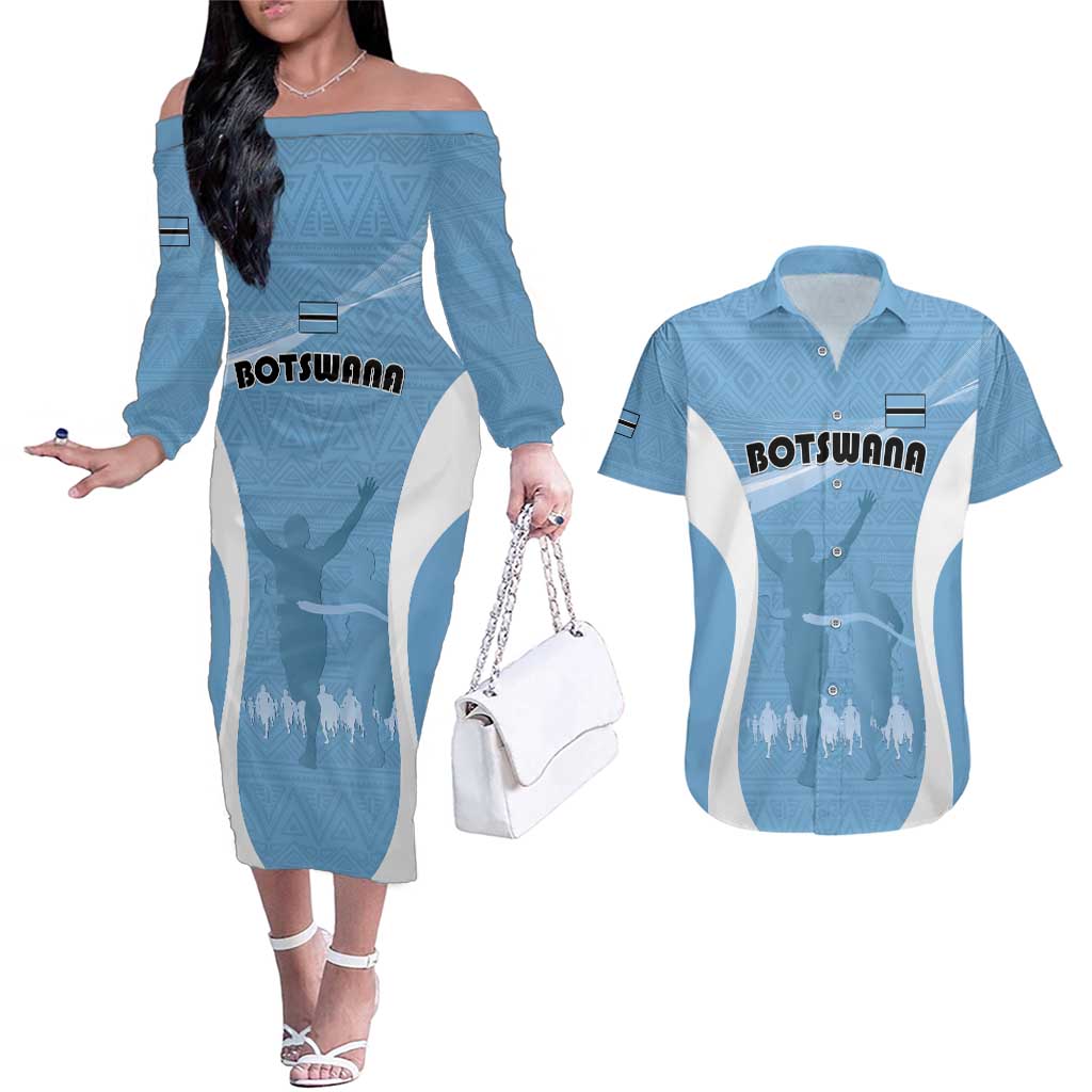 Personalized Botswana Athletics Couples Matching Off The Shoulder Long Sleeve Dress and Hawaiian Shirt Go Champions Go - Wonder Print Shop